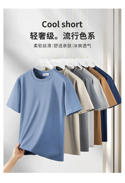 Plus Size 4XL 5XL Liquid Ammonia Mercerized Cotton T-shirt For Men Summer Cool Feeling Round Neck Top Clothes Short Sleeve Tees