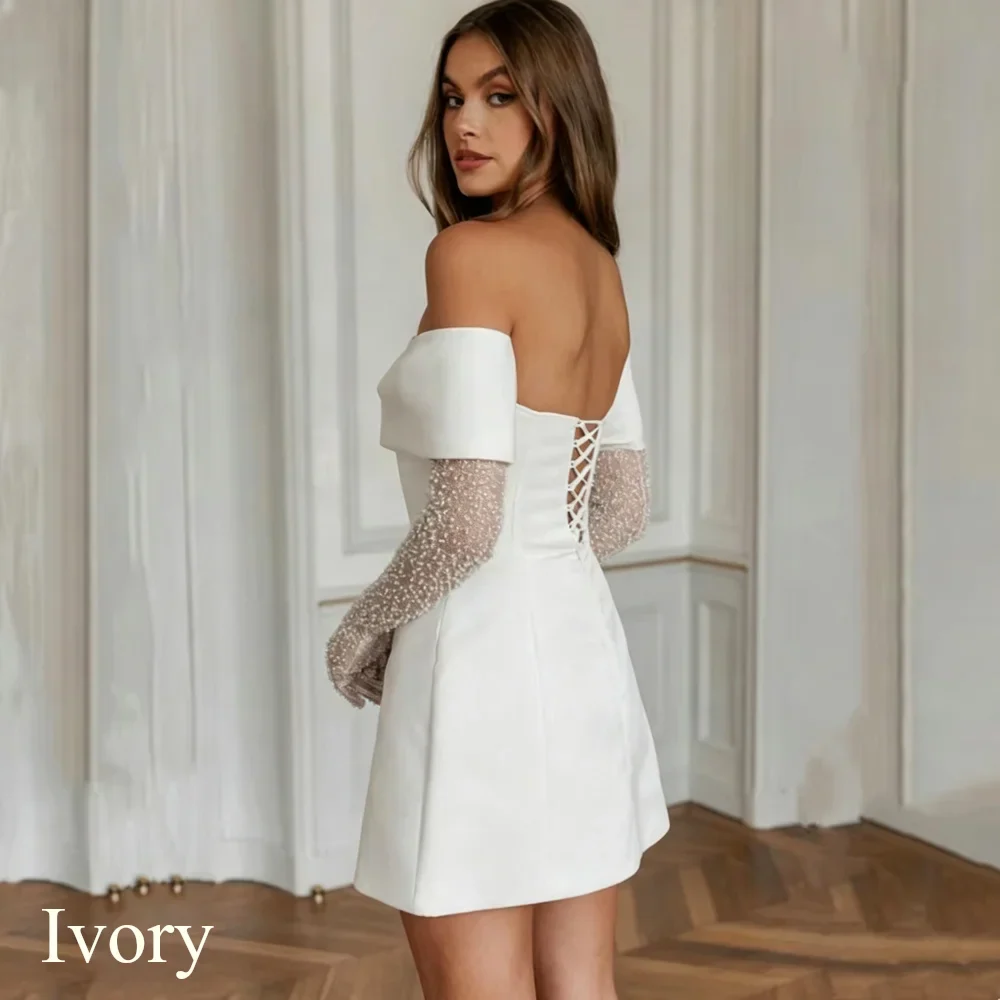Simple A-Line Mini Wedding Dresses Elegant Long Sleeves Pleat Pearls Strapless Sexy Backless with Lace Up Short Gowns Customized