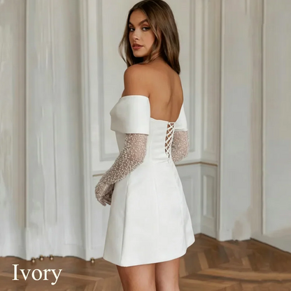 Simple A-Line Mini Wedding Dresses Elegant Long Sleeves Pleat Pearls Strapless Sexy Backless with Lace Up Short Gowns Customized