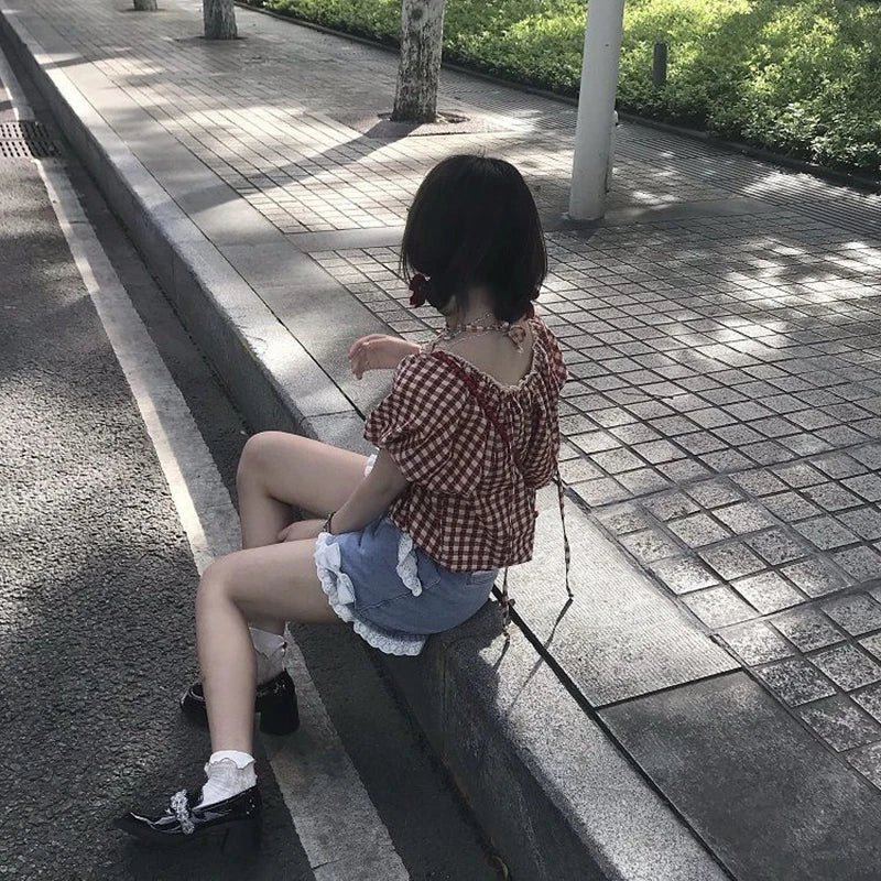 Kawaii Bow Denim Shorts Women Japanese Lace Patchwork Baggy Jean Shorts Summer Y2K Harajuku High Waist Wide Leg Short Pants New
