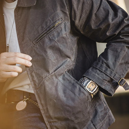 Men's Vintage IV Oil Waxed Canvas Jacket Lapel Zipper Short Outerwear Classic Slim Fit for Men's Spring and Fall Jacket