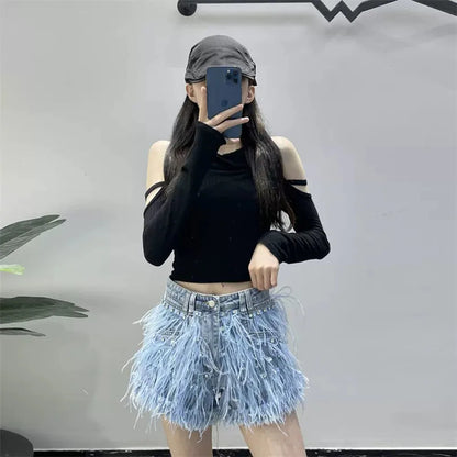 Summer Street Hot Girls Short Jeans Female Chic Feather Diamond Denim Shorts Women Retro Washed Hot Pants Sexy Night Club Shorts