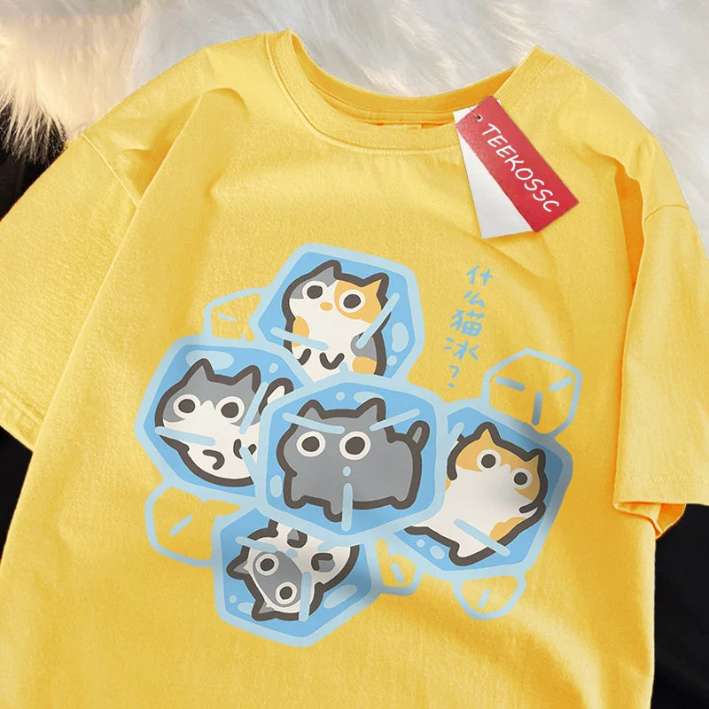Ice Cat Fun Cartoons Cats Print Clothes Men Women Oversize Breathable T Shirt Summer Comfortable Casual T-Shirt Cotton Tee Shirt