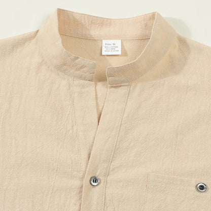 Men Mandarin Collar Long Sleeve Henley Cotton Linen Shirt Chest Pocket Breathable Beach Travel Daily Casual V Neck Top