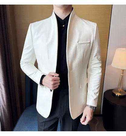 New Blazer Cowhide Velvet Korean Version Business Slim Fit Suit Stand Collar Fashionable Casual Suit Jacket Men Formal Clothing