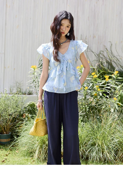 Blue Double-layer Ruffled Linen V-neck Blouse for Women Summer 2025 Slim Flying Sleeve Breathable Lace-up Tops MXE33X1819