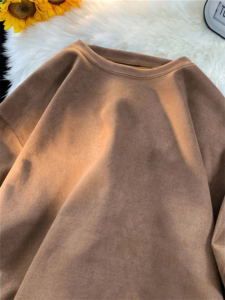 New Retro Suede T-shirt Men Women Anti-wrinkle Loose Crew Neck Casual TShirts Summer Short Sleeve Fashion High Street T Shirt