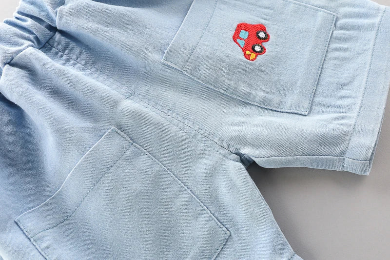 High-Quality Baby Boys Polo Shirt + Handsome Denim Shorts 2-Piece Set Children's Girls Clothing Summer