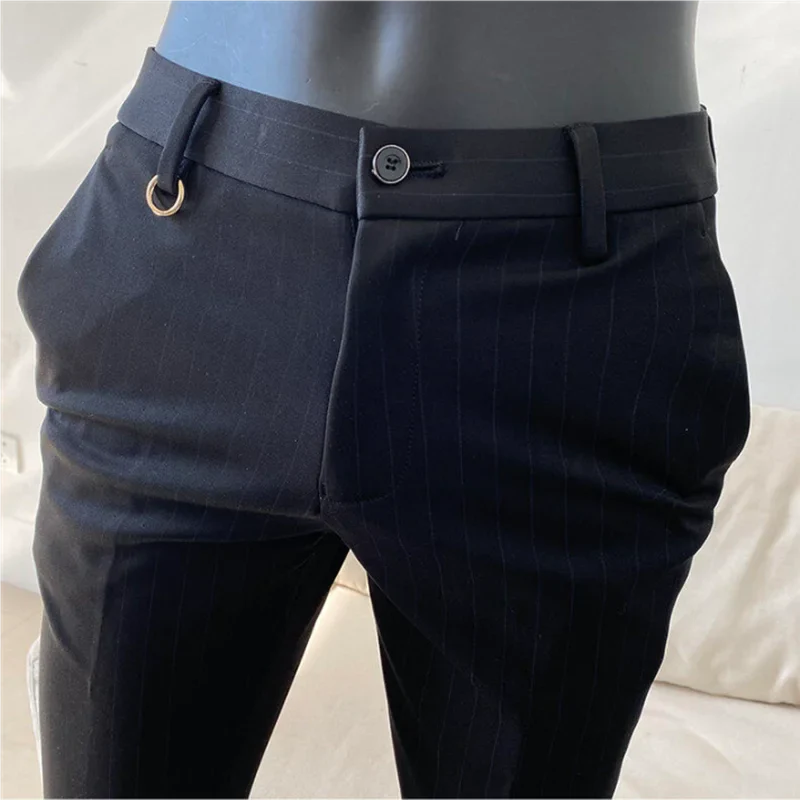 High Quality Striped Suit Pants 2025 Men Elegant Slim Fit Tight Trousers Men Office Party Business Casual Slim Fit Dress Pants