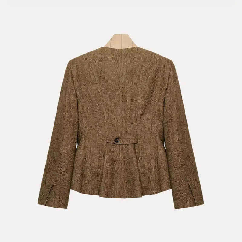 Brown Linen Blend Fitted Blazer Contrast Stand Collar Single Row Buttons Waist Cinched Tailored Cropped Vintage Commuter Coat