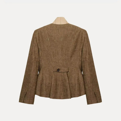 Brown Linen Blend Fitted Blazer Contrast Stand Collar Single Row Buttons Waist Cinched Tailored Cropped Vintage Commuter Coat