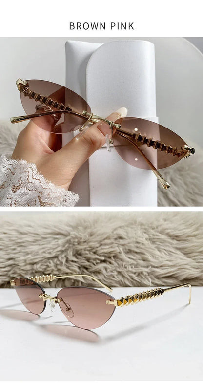 2026 Cat Eye Rivet Rimless Sunglasses Women Luxury Fashion Brand Oval Narrow Sun Glasses Shades Trendy Elegant Unique Eyewear