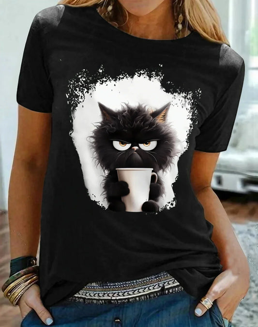 Street Women'S T-Shirts Cat Daily Weekend Black Printing Tops Soft Breathable O-Neck Short Sleeve Summer Casual Female Clothes ﻿