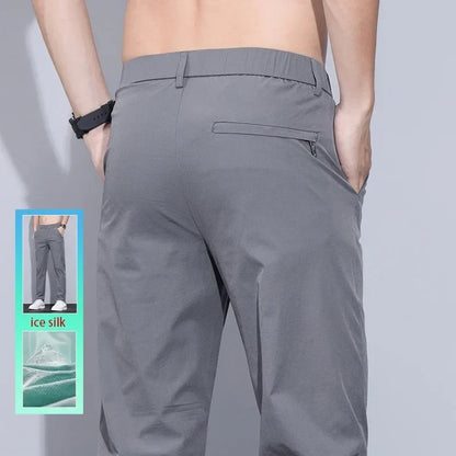 Men's Ice Silk Trousers Solid Color Korean Loose Breathable Straight-Leg Casual Pants Thin Quick-Drying Sports With Pockets