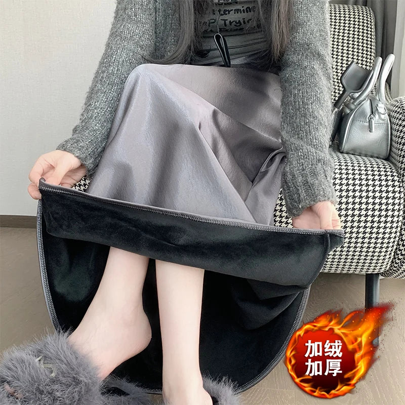 New Autumn Winter Solid Satin Silk Mermaid Skirt Women Fashion High Waist Office Ladies Work Warmth Party Long Maxi Skirt