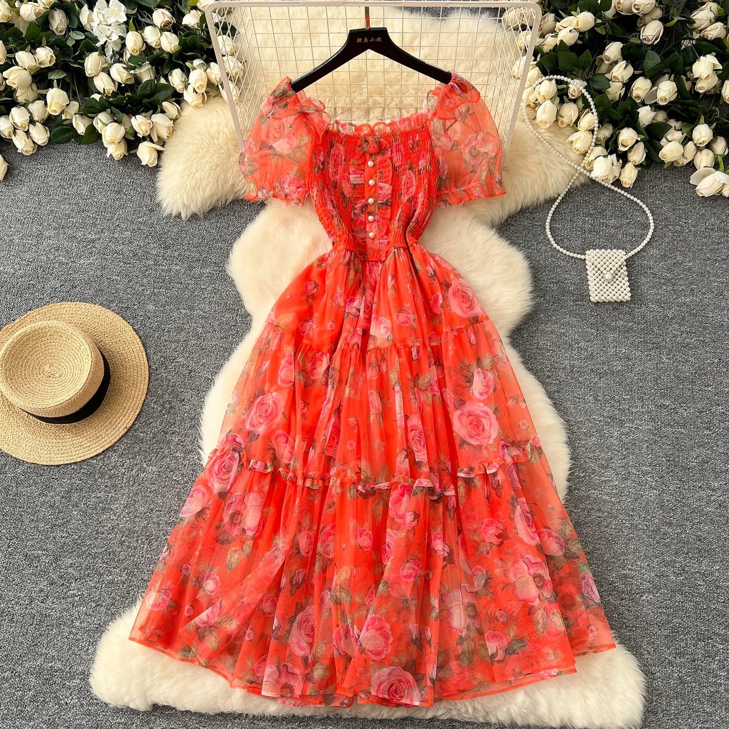 Retro Floral Chiffon Dr Women's Waist Cinched Bubble Sve Me Skirt Tea Break Gentle Soft Sle Korean High Waist A-Lin...