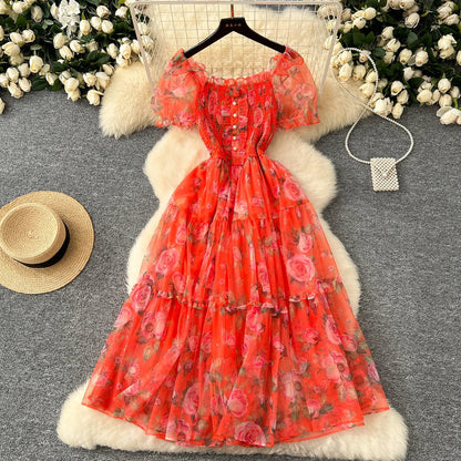 Retro Floral Chiffon Dr Women's Waist Cinched Bubble Sve Me Skirt Tea Break Gentle Soft Sle Korean High Waist A-Lin...