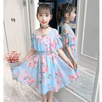 Thin Girl Summer Dress Robe Fille Floral Chiffon Princess Dress Children's Clothing Summer Girls Casual Dresses Kids Vestidos