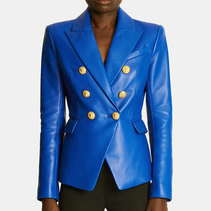 S-3XL High Quality Fashion New PU Leather Fabric Double breasted Long Sleeve Slim Fit Commuter Women's Suit Coat Blazer