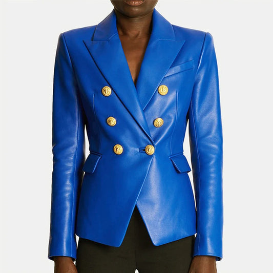 S-3XL High Quality Fashion New PU Leather Fabric Double breasted Long Sleeve Slim Fit Commuter Women's Suit Coat Blazer