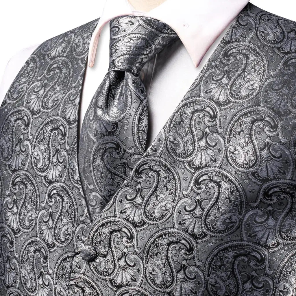 Luxury Mens Waistcoat Tie Set White Black Gray Silver Brown Sleeveless Jacket Suit Vest Necktie Hanky Cufflinks Gift