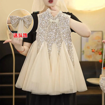 Mesh Sequins Summer Dress Children Clothes Girls Gauze Skirt For Party Evening Birthday Prom Performance Graduation Ceremony