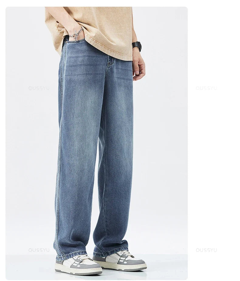 Spring Autumn High Quality Soft Lyocell Fabric Jeans Men Loose Wide Leg Pants Elastic Waist Casual Trousers Plus Size 28-40