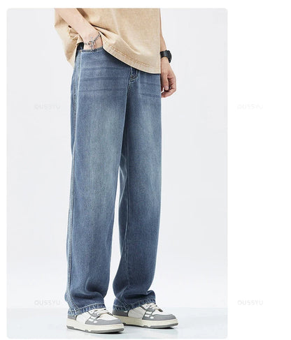 Spring Autumn High Quality Soft Lyocell Fabric Jeans Men Loose Wide Leg Pants Elastic Waist Casual Trousers Plus Size 28-40