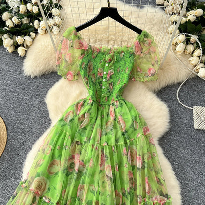 Retro Floral Chiffon Dr Women's Waist Cinched Bubble Sve Me Skirt Tea Break Gentle Soft Sle Korean High Waist A-Lin...