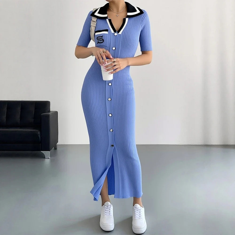 Chic Fashion Sexy Wrap Hips Knitted Long Dress 2026 New Brand Fashion Embroidery Single-breasted Shirt Dress Streetwear