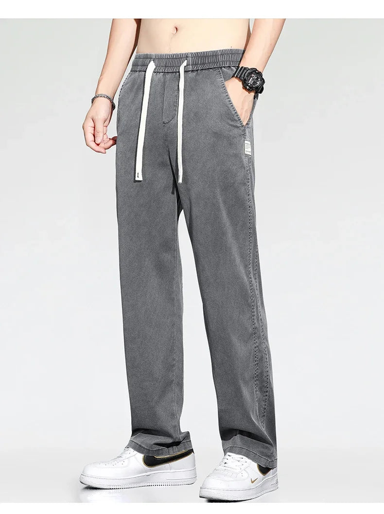 Summer Thin Loose Wide-leg Men Jeans Soft Lyocell Elastic Fashion Casual Straight Drawstring Denim Trousers Black Blue Gray