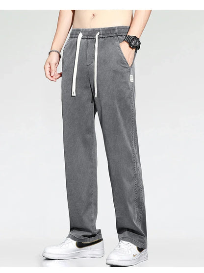 Summer Thin Loose Wide-leg Men Jeans Soft Lyocell Elastic Fashion Casual Straight Drawstring Denim Trousers Black Blue Gray