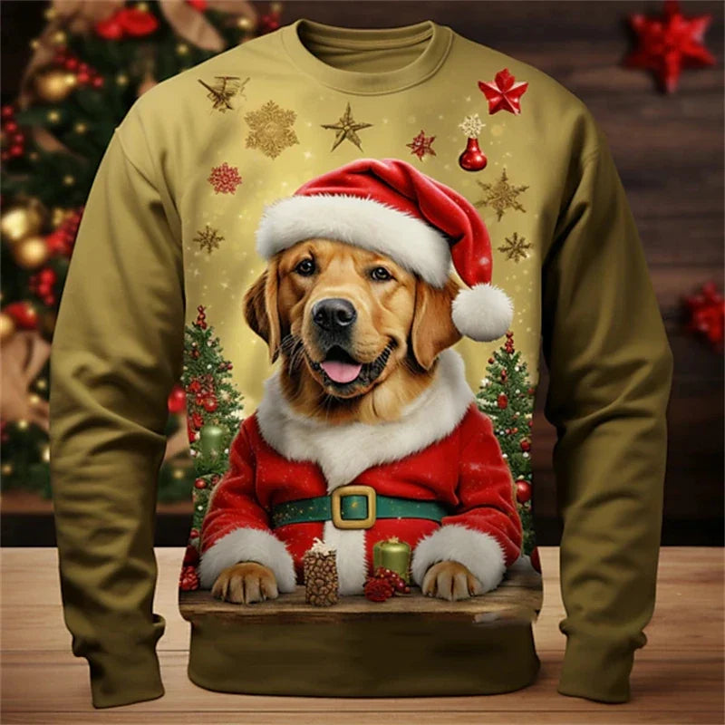 New Fun Christmas Long Sleeve T-Shirt Santa Claus Pattern Sweatshirt Men Role Play Pullover Boys Round Neck Polyester Sweatshirt