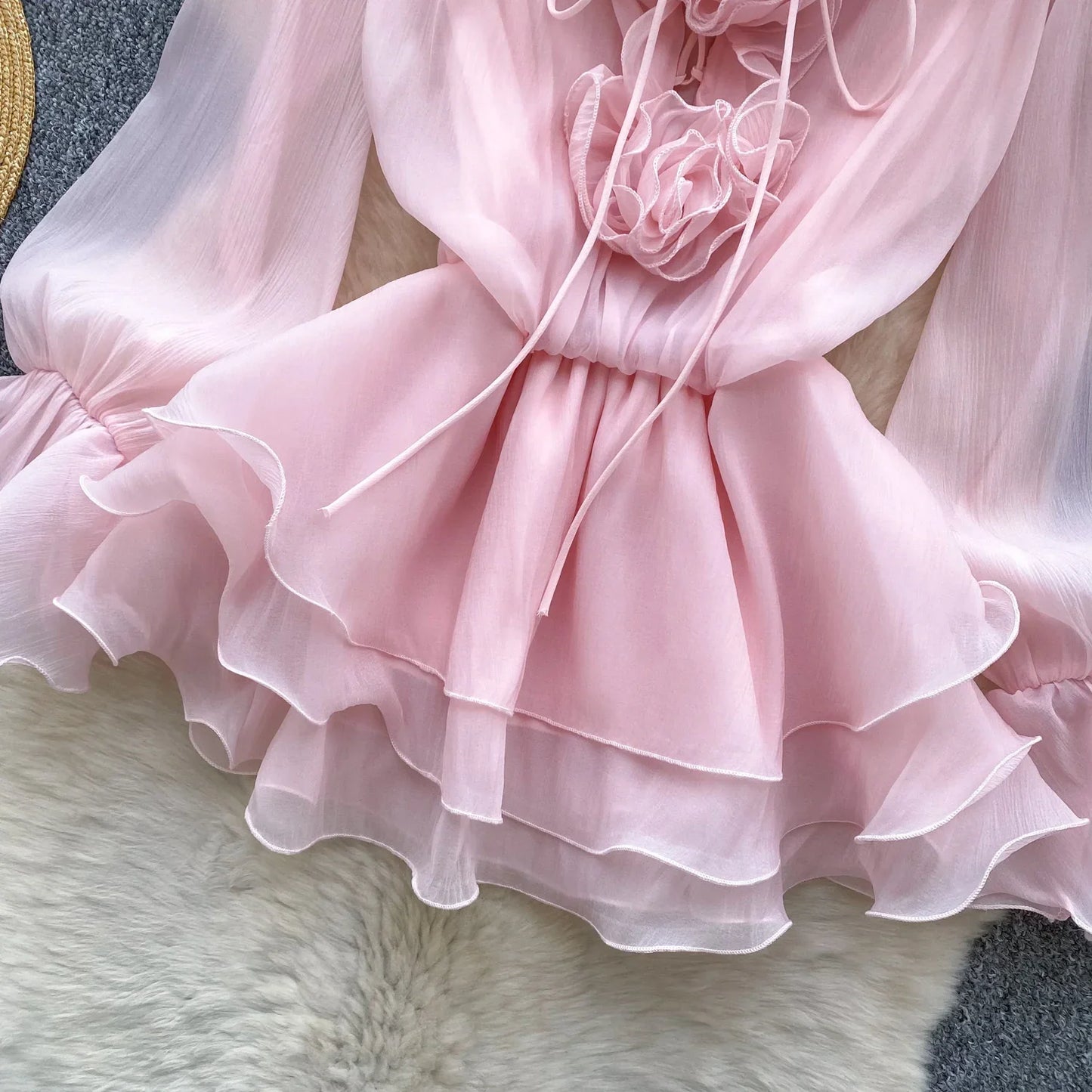 3D Floral Beach Short Dress Female Long Sleeves Lace Up Ruffle Chiffon Cake Sundress Sheer Sexy Vintage Bohemian Dress