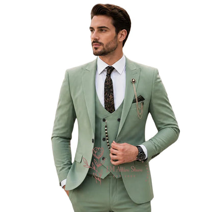 Sage Green Suit Men's 3 Piece Set Peak Lapel Jacket Vest Pants Custom Slim Fit for Wedding Groom Cocktail Party Tuxedo