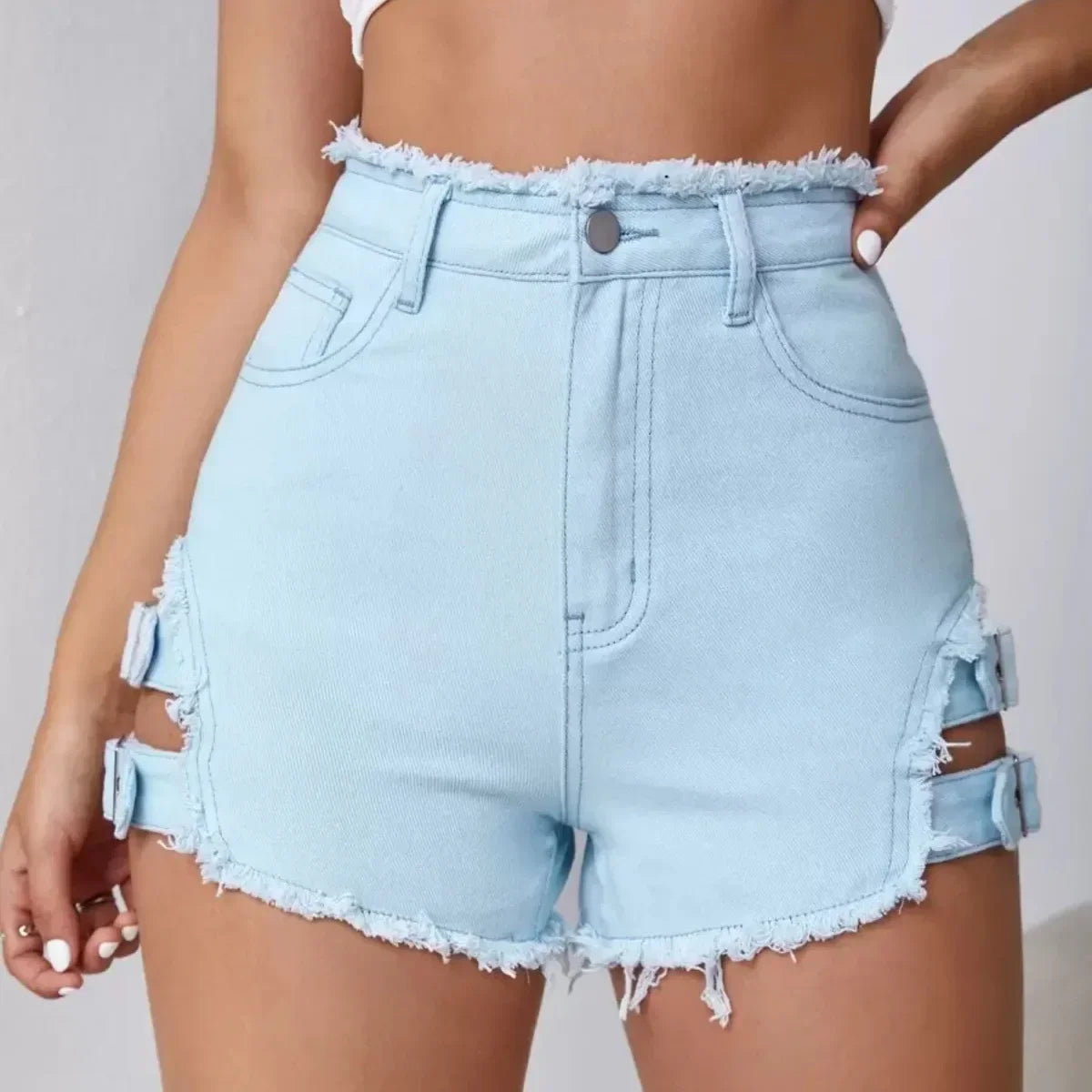 2026 Summer Hot High Waisted Street Style Girls' Ripped Denim Shorts with Rough Edges