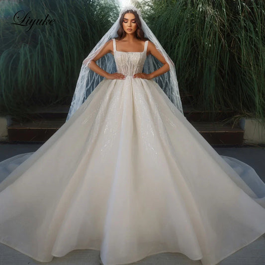 Square Collar Ball Gown Wedding Dresses Luxury Stunning Beading Pearls Embroidery Princess Bridal Skirts