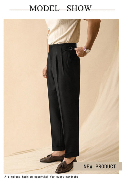Fall/Winter 2025 Men's Elegant Italian Neapolitan High Waist Wide Leg Pants with Tucks And Buttons Business Casual Style