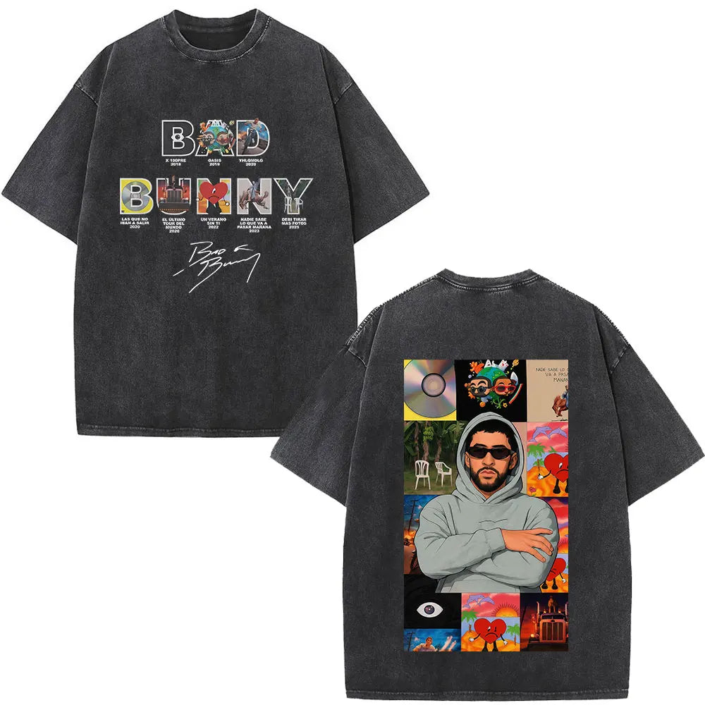 Rapper Bad Bunny Washed Vintage T-shirt Debi Tirar Mas Fotos DTMF World Tour 2026 T Shirts Men Women Fashion Hip Hop T-shirts