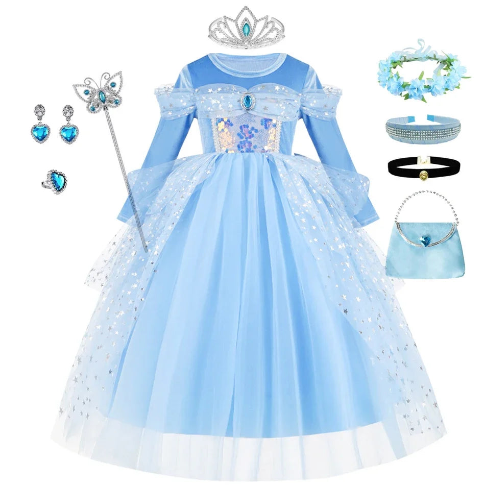 Girl Cinderella Dress Long Sleeve Princess Cosplay Costume Blue Sequin Children Bithday Surprise Kids Ball Gown