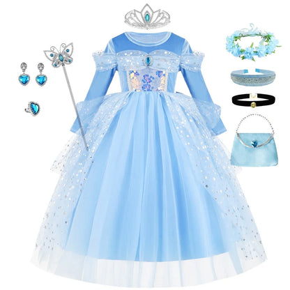 Girl Cinderella Dress Long Sleeve Princess Cosplay Costume Blue Sequin Children Bithday Surprise Kids Ball Gown