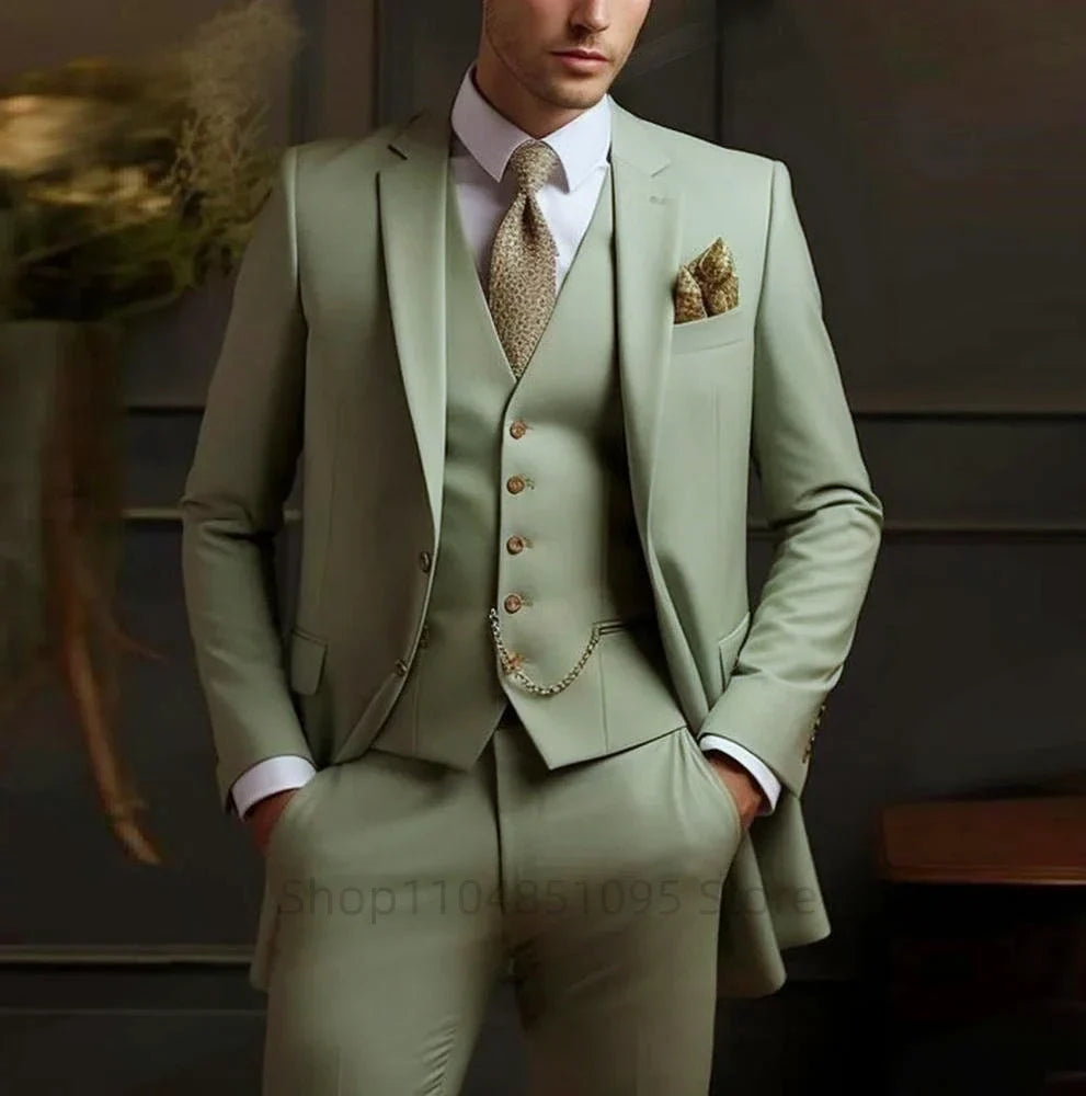 Elegant Gray Men's Suit Slim Fit Fashion Wedding Tuxedo 3 Piece Two Buttons Peak Lapel Blazer Vest Pants for Party Homme Costume
