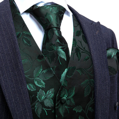 Men's Elegant Floral Vest & Tie Hanky Cufflinks Set – Formal Wine Green Blue Waistcoat for Weddings Events Party Gift