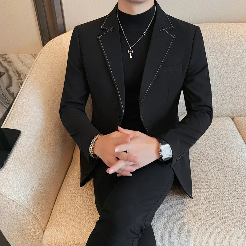 High Quality Line design Luxury Men's Suit Coats Fashion Business Casual Two Buttons Formal Social Wedding Party Suit Jacket
