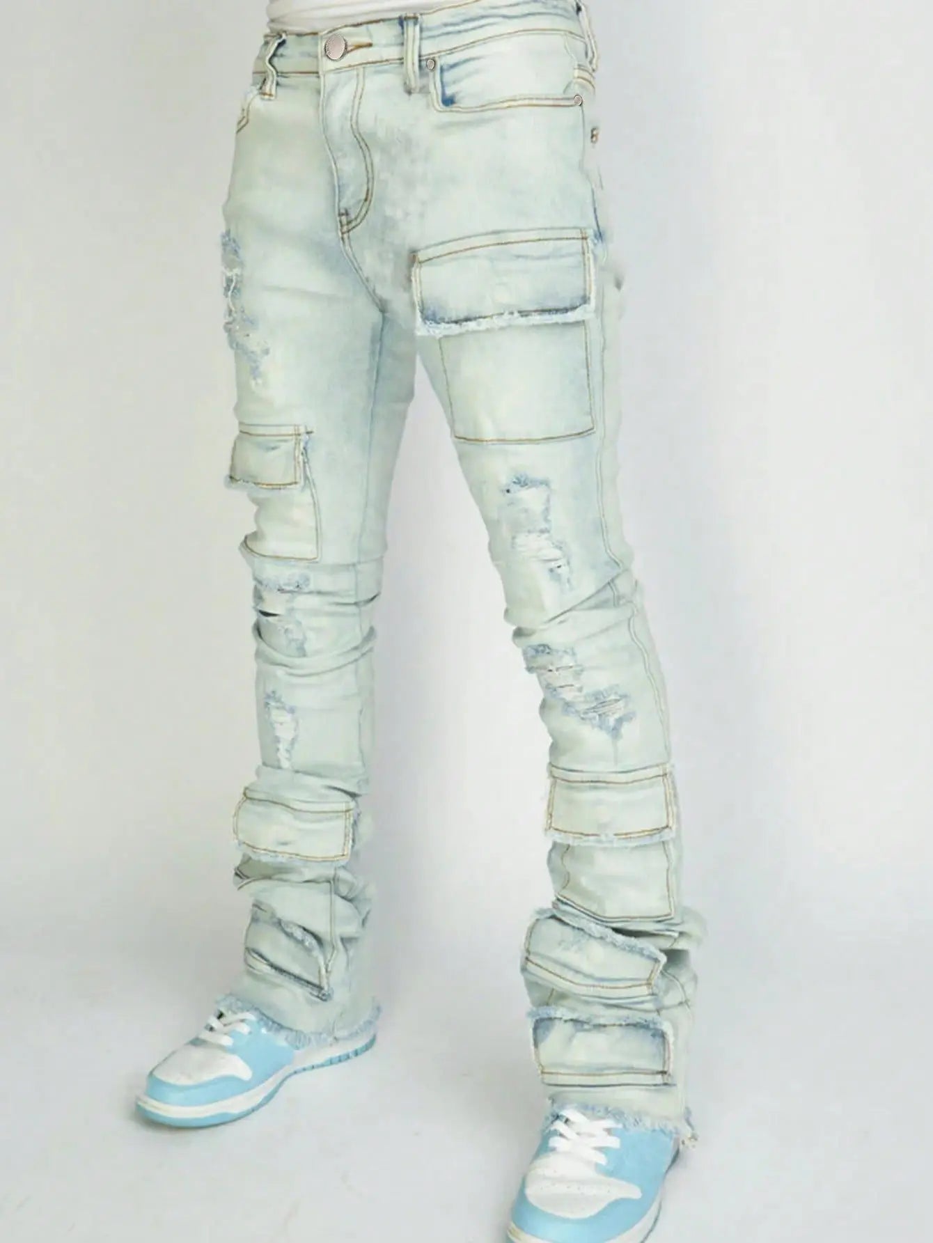Men Jeans Long Pant Denim Flare Pants Hole Straight Trousers Slim Fit High Waist Casual Button Pocket Splice Autumn Winter