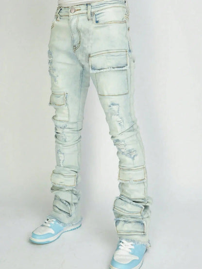 Men Jeans Long Pant Denim Flare Pants Hole Straight Trousers Slim Fit High Waist Casual Button Pocket Splice Autumn Winter