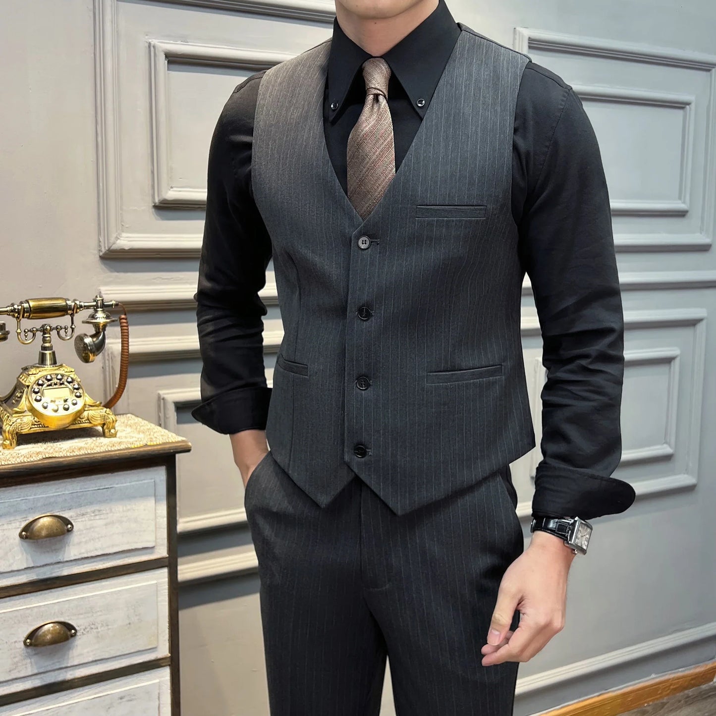 5XL-M( Vest + Pants) High-end Brand stripe Suit Vest 2 pieces Men Luxury Fashion Groom Wedding Vest Set Male Club Party Clothing