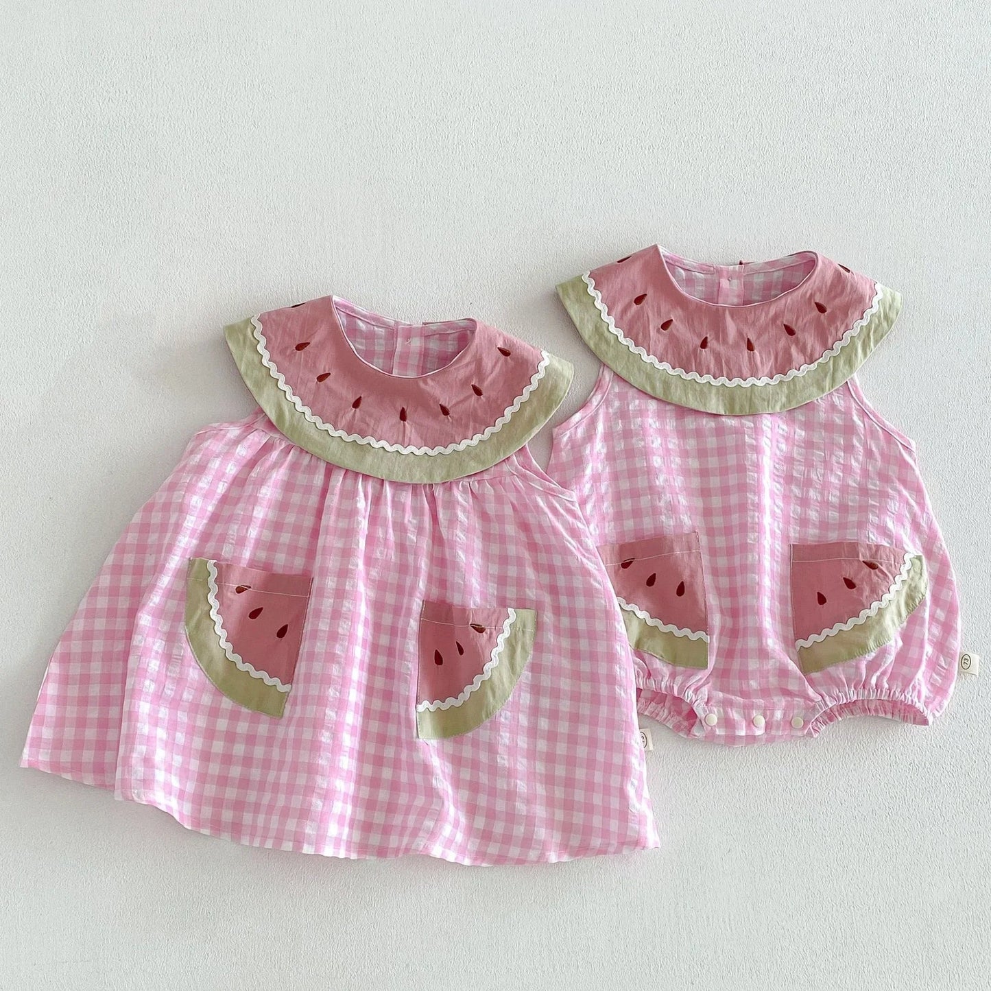 2026 New Summer Sweet Style Kids Dress Pink Watermelon Plaid Dress for Girls Sleeveless Lightweight Children Clothes