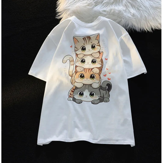 Summer Japanese Cute Cartoon Stacked Cat Printed Short-sleeved T-shirt for Ladies and Boys Same Loose Casual Large-size Top
