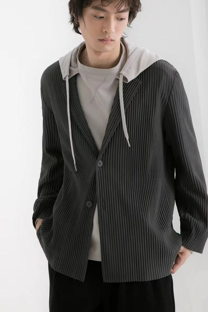Pleated Blazer Black Suits For Men High Quality Casual Japanese Style Blazers Stretch Fabric Slim Fit Coat